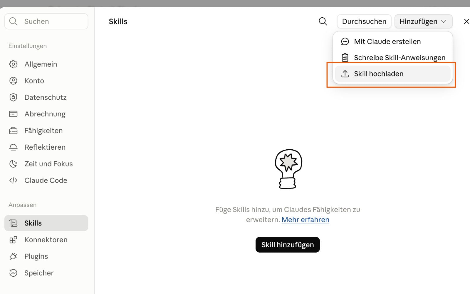 Skills mit geöffnetem Hinzufügen-Menü
