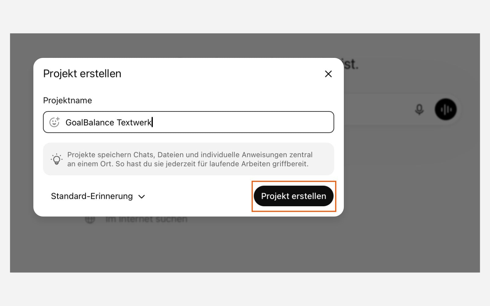 Der Dialog mit dem Projektnamen