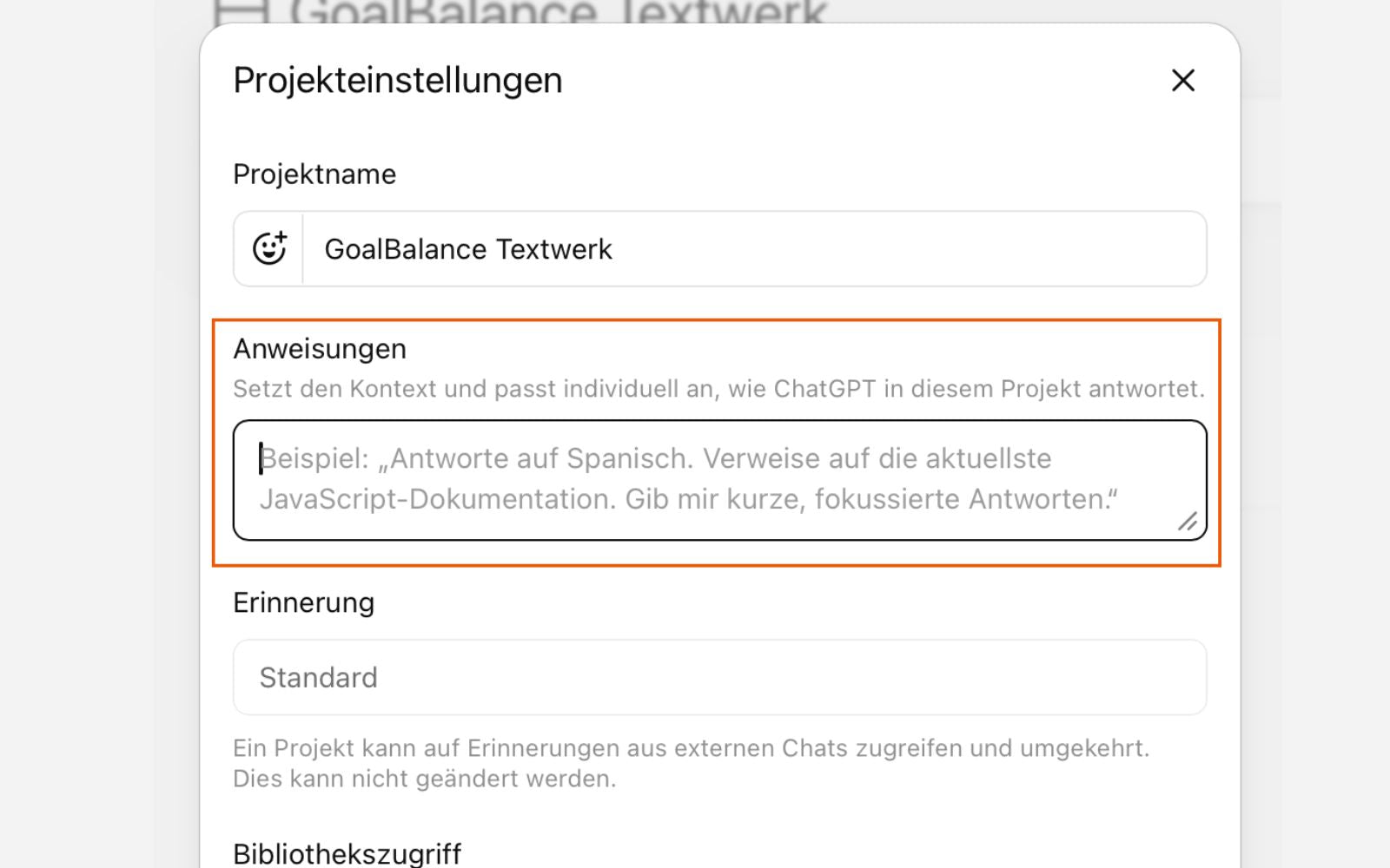 Das Feld Anweisungen