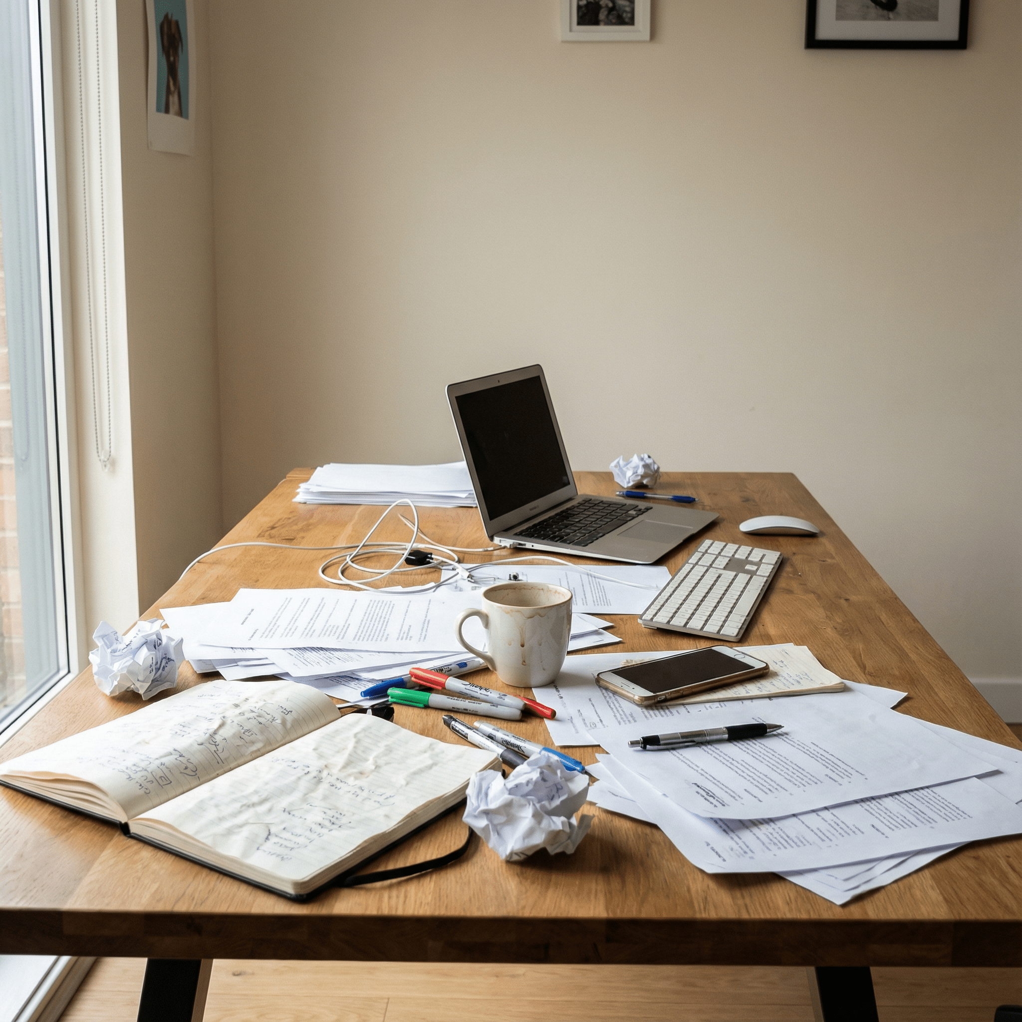Unordentlicher Schreibtisch mit Laptop und Papieren – ohne Struktur und ohne Habit Tracker