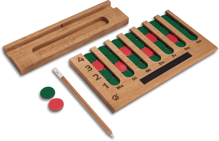 GoalBalance Habit Tracker Holz mit Chips, Stift und Aufsteller aus Eichenholz – komplettes Set